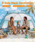 Family sitting inside Pop Up Beach Tent Sun Shelter For 3 People With 1 Minute Setup UPF 50 Plus Shade Detachable Floor Mat