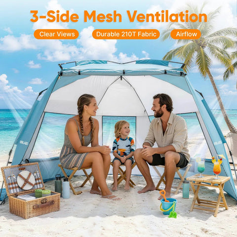 Family sitting inside Pop Up Beach Tent Sun Shelter For 3 People With 1 Minute Setup UPF 50 Plus Shade Detachable Floor Mat