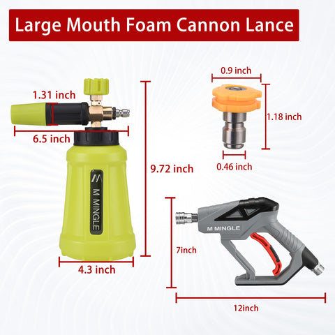 High Pressure Washer Foam Cannon Snow Foam Lance For Beefy Car Wash Foam with 4000 PSI Gun, connector tips, and foam bottle.