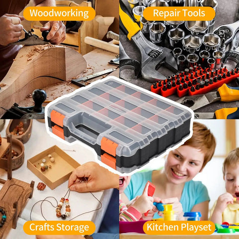 34 Compartment Small Parts Organizer With Double Sided Storage, adjustable dividers in use for various tools and crafts.