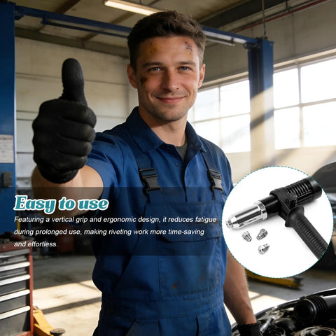 Heavy Duty Pop Rivet Gun Adapter Kit For Cordless Electric Drills With Beefy Aluminum Build and Four Quick Swap Sizes, user giving thumbs up.