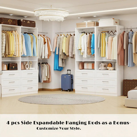 Hella Spacious Modular Closet System With Twelve Deep Drawers And Eight Heavy Duty Hanging Rods Expands From Two To Eight Feet Freestanding White Wood Wardrobe No Sweat Setup For Real Home Organization