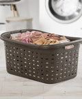 Plastic Weave Laundry Basket Set With Easy Carry Handles Decorative Wicker Look Ventilated Design For Storing Folded Clothes Durable Brown 6 Pack Dope For Dorms And Laundry filled with clothes in a room.