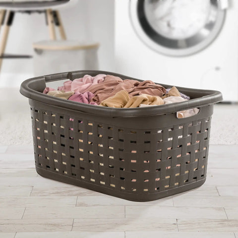 Plastic Weave Laundry Basket Set With Easy Carry Handles Decorative Wicker Look Ventilated Design For Storing Folded Clothes Durable Brown 6 Pack Dope For Dorms And Laundry filled with clothes in a room.