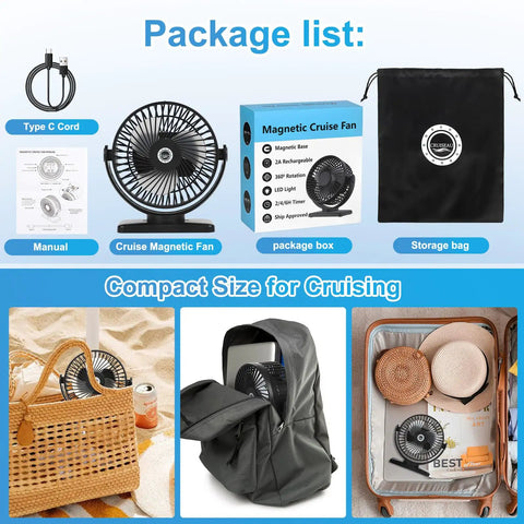6 Inch Magnetic Cruise Fan With 12000mAh Rechargeable Battery Portable Power Bank LED Light 360 Degree Rotating Head Strong Magnetic Base Timer Function And Cruise Essentials For All Major Cruises package with fan, box, cord, manual, and bag.
