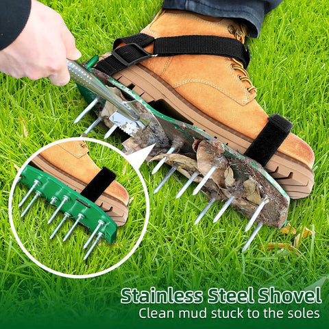 Lawn Aerator Shoes With Adjustable Straps, Spiked Nail Sandals For Deep Soil Aeration And Thatch Reduction, Fits Most Sizes, Easy Yard Care shown used to clean soil from shoes