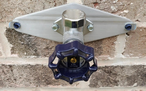 Hose Bib Mounting Plate And Secure Kit For Outdoor Faucets, Easy 3 Step Install, attached to a brick wall, no plumbing required.