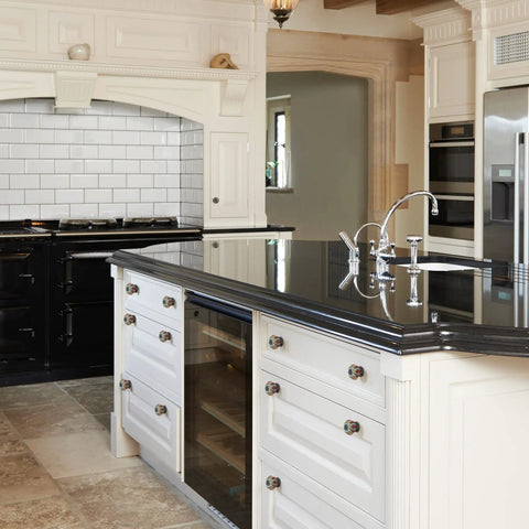 Modern kitchen with Six Pack Glazed Ceramic Pumpkin Cabinet Knobs In Blue Vintage Style Door Pull Handles for Cabinets Drawers