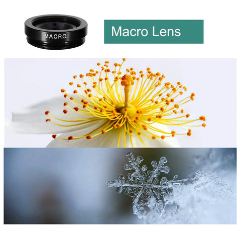 Macro lens from 3 In 1 Clip On Phone Lens Kit With 180 Degree Fish Eye, 0.65x Wide Angle And 10x Macro, capturing flower and snowflake details.