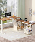 No Sweat 66 Inch Farmhouse L Shaped Standing Desk With Smooth Electric Height Adjustment Three Memory Presets LED Screen in home office setting.