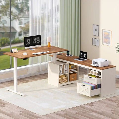 No Sweat 66 Inch Farmhouse L Shaped Standing Desk With Smooth Electric Height Adjustment Three Memory Presets LED Screen in home office setting.
