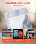 Continuous Bag Sealer Machine With Adjustable Temp And Speed, packaging a sealed silver plastic pouch, heating and cooling display