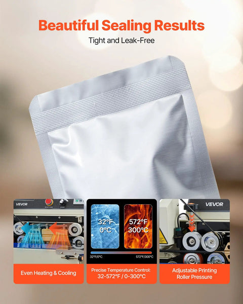 Continuous Bag Sealer Machine With Adjustable Temp And Speed, packaging a sealed silver plastic pouch, heating and cooling display