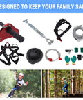 Backyard Zip Line Kit 120Ft for Kids and Teens up to 330 lbs with stainless steel cable, spring brake, harness, helmet shown