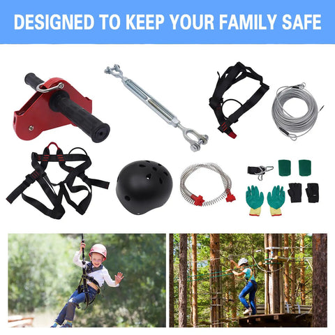 Backyard Zip Line Kit 120Ft for Kids and Teens up to 330 lbs with stainless steel cable, spring brake, harness, helmet shown