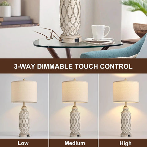 Rustic Farmhouse Table Lamps Set Of 2 For Bedroom And Living Room, 28 Inch Bedside Lamps With USB Ports, 3 Way Dimmable