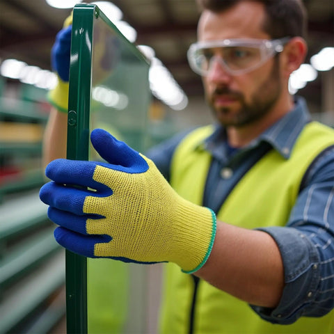 Man wearing Kevlar Tough Cut Resistant Work Gloves With PVC Grip ANSI Rated Heavy Duty Safety Gear For Glass Handling