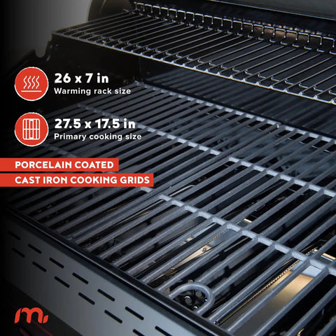Porcelain coated cast iron cooking grids on 5-Burner Propane Gas Grill With Side Tables And Accessory Hooks, 50,000 BTUs, 656 Sq In Cooking Space
