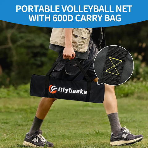 Person carrying a Portable Outdoor Volleyball Net Set For Backyard Or Beach With Easy Snap On Poles No Tools Needed For Quick Setup