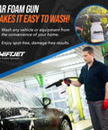 Man using Foam Gun With Microfiber Wash Mitt Car Wash Kit For Garden Hose Works With Any Soap Foam Cannon Sprayer No Scratch Paint Safe Clean And Easy Bubble Party Shine on car