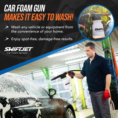 Man using Foam Gun With Microfiber Wash Mitt Car Wash Kit For Garden Hose Works With Any Soap Foam Cannon Sprayer No Scratch Paint Safe Clean And Easy Bubble Party Shine on car