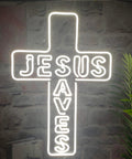 Jesus Saves Neon Sign Cross LED Light 3D Art Wall Decor 20x14 In Lit Night Glow For Church Home Window Memorial Gift