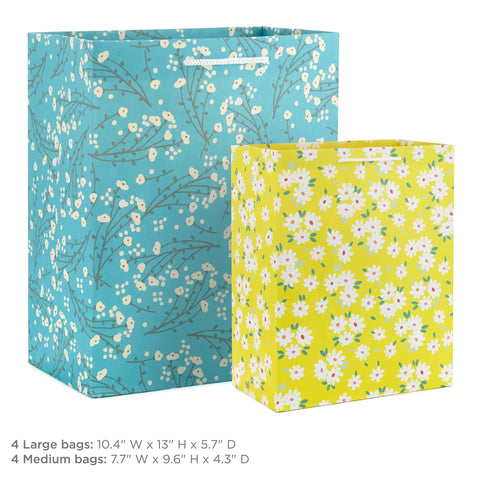 Spring Gift Bags Set With Sweet Floral And Lemon Prints In Teal Pink Yellow, 8 Assorted Sizes Including 4 Medium And 4 Large