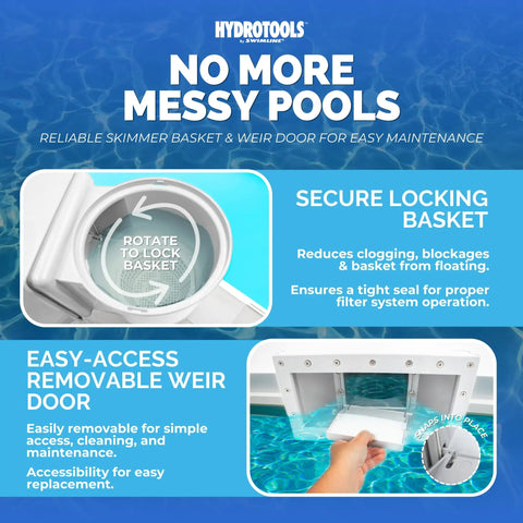 Wide Mouth Above Ground Pool Skimmer Kit With Durable ABS Construction, Snap In Weir, Easy Basket Access, product features overview
