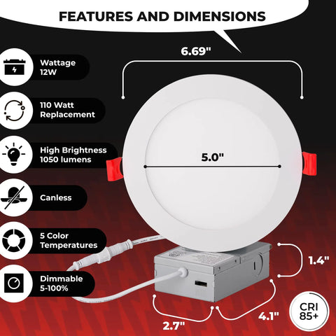 Features and dimensions of Six Inch LED Recessed Lighting Kit 16 Pack Ultra Thin Canless Dimmable Downlights Color Selectable 2700K To 5000K 1050 Lumens ETL Energy Star