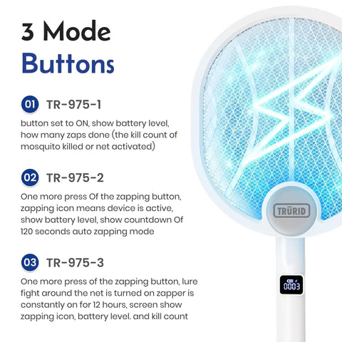 Close-up of 2 In 1 Electric Bug Zapper And Indoor Fly Swatter With Rechargeable Mosquito Zapper displaying 3 mode buttons and digital screen.