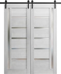 Quadro 4088 Double Sliding Barn Door Kit in Light Gray Oak with Frosted Glass 84 By 96 Inch Interior Door Solid MDF Core