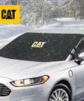 Black windshield snow cover on car in snowy landscape, 78x45 inches, Weatherproof Winter Frost Protector with Anti Theft Straps for Cars