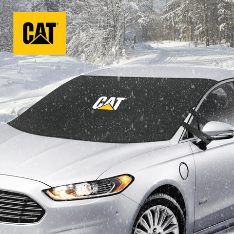 Black windshield snow cover on car in snowy landscape, 78x45 inches, Weatherproof Winter Frost Protector with Anti Theft Straps for Cars