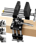 360 Degree Rotating Bench Vise With Quick Release Ratchet Wrench for Woodworking and Pipe Workbench Vise, attached to a workbench