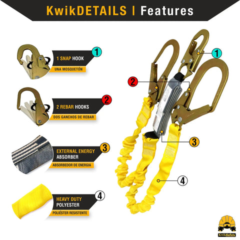 Heavy Duty Double Leg Safety Lanyard With 3 D Ring Harness And External Shock Absorber, Extends From 6 Feet To 7 Feet 2 Inches features