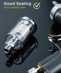 Heavy Duty Oil Water Separator For Air Compressors, 1/4 Inch NPT 90 Psi, sleek clear design with brass fittings and valve.