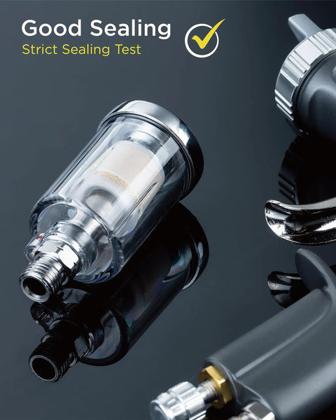 Heavy Duty Oil Water Separator For Air Compressors, 1/4 Inch NPT 90 Psi, sleek clear design with brass fittings and valve.