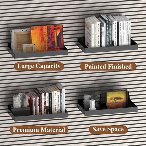 Heavy Duty Slatwall Shelves 16x8 Inches Set of 2 Black Metal Slat Wall Shelves and Baskets installed displaying books and decor