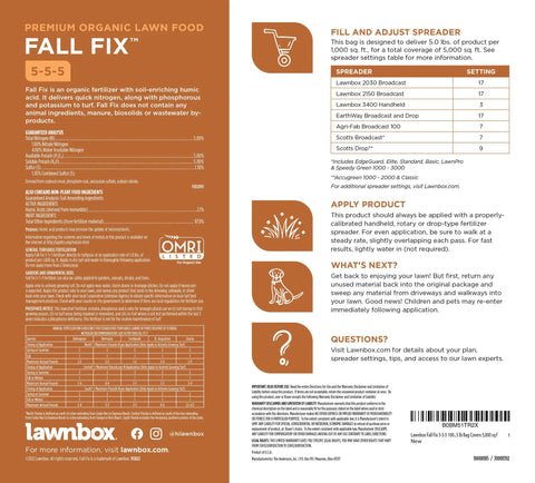 Back label of Fall Fix 5 5 5 100 Percent Organic Grass Fertilizer For Fall Seeding And Lawn Recovery, instructions and ingredients
