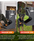 Built Tough Automatic Dog Feeder For Large Breeds Outdoor Gravity Pet Food Dispenser With 25 Pound Capacity, shown indoors and outdoors.