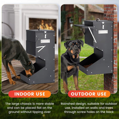 Built Tough Automatic Dog Feeder For Large Breeds Outdoor Gravity Pet Food Dispenser With 25 Pound Capacity, shown indoors and outdoors.