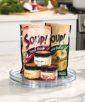 11 Inch Round Lazy Susan Organizer For Kitchen And Pantry Storage Set Of 2 Clear Smooth Rotating Turntables with soup packets and cubes