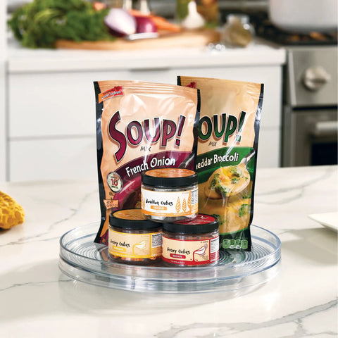 11 Inch Round Lazy Susan Organizer For Kitchen And Pantry Storage Set Of 2 Clear Smooth Rotating Turntables with soup packets and cubes