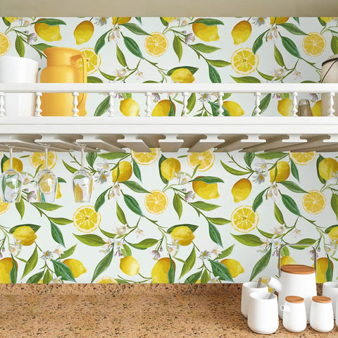 Lemon Peel And Stick Floral Wallpaper Dope Fresh Citrus Leaf Prints Removable Self Adhesive Vinyl on kitchen wall