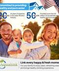 Family of four smiling outdoors with Aqualink logo and text on safe drinking water benefits, U.S. flag in the background.