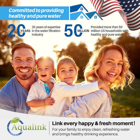 Family of four smiling outdoors with Aqualink logo and text on safe drinking water benefits, U.S. flag in the background.
