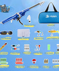 All In One Kid Friendly Fishing Pole Set With Portable Folding Rod And Spincast Reel 80m Monofilament Line Tackle Box Of Lures And Accessories Included Kids Sunglasses And Travel Bag For Boys Ages 3 To 15, showing blue pole, tackle, and accessories.
