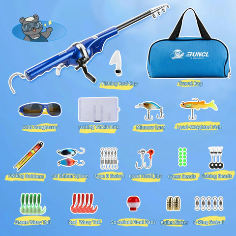 All In One Kid Friendly Fishing Pole Set With Portable Folding Rod And Spincast Reel 80m Monofilament Line Tackle Box Of Lures And Accessories Included Kids Sunglasses And Travel Bag For Boys Ages 3 To 15, showing blue pole, tackle, and accessories.