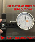 Professional Table Saw Alignment Gauge Pins Blade And Fence Square and True for Miter Slot Calibration, zeroing out dial shown.