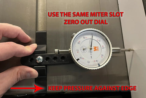 Professional Table Saw Alignment Gauge Pins Blade And Fence Square and True for Miter Slot Calibration, zeroing out dial shown.